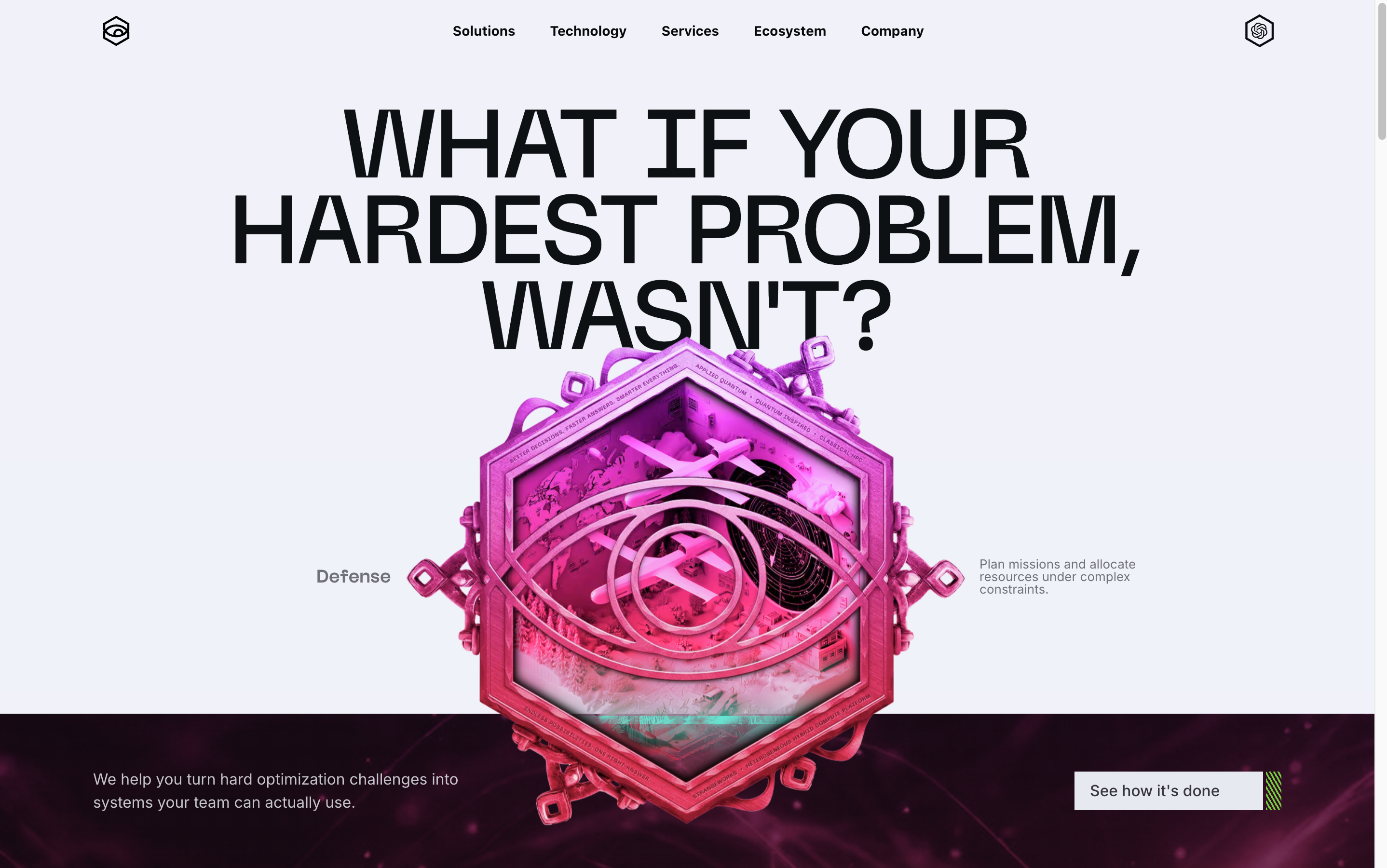 Strangeworks homepage showing quantum optimization solutions for defense, logistics, and enterprise use cases